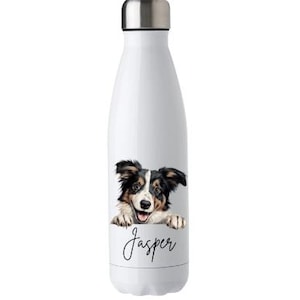 May include: White insulated water bottle with a silver cap. The bottle features a graphic of a dog with black, brown, and white fur, and the name "Jasper" in a cursive font.