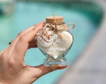 Honeymoon Wedding Sand | Sweet Heart Shaped Glass Bottle Jar With a Cork | Hand Finished With Twine and a Seashell Personalised