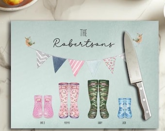 Personalised Family Chopping Board | Wellies Design | Glass Cutting Board | Gifts For Nan Mum | Christmas Idea | Mothers Day Birthday