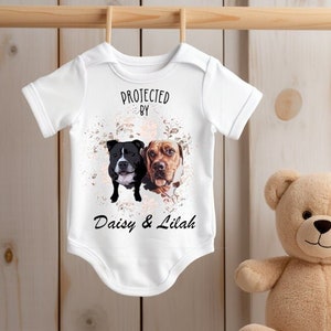 Personalised Loved and Protected By Dog Vest | Cartoon Photo | Babygrow | Bodysuit | New Baby Boy Girl Gift | Pet Owner Sibling | Sleepsuit