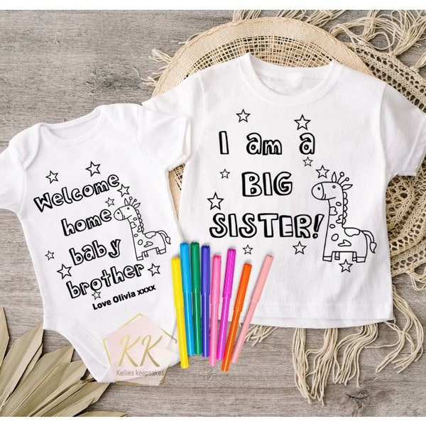 Personalised Colour In Baby Vest For Siblings. Colouring Sleepsuit Welcome Home Little Brother Sister. Babygrow Announcement Gift | Matching