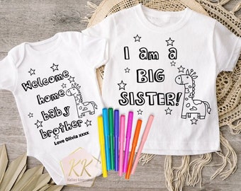 Personalised Colour In Baby Vest For Siblings. Colouring Sleepsuit Welcome Home Little Brother Sister. Babygrow Announcement Gift | Matching