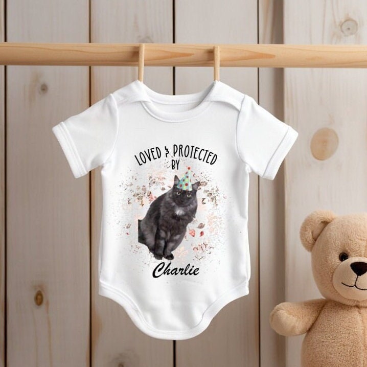 Personalised Loved and Protected By Cat | Cartoon Photo | Babygrow | Bodysuit | New Baby Boy Girl Gift | Pet Owner Sibling Vest | Sleepsuit