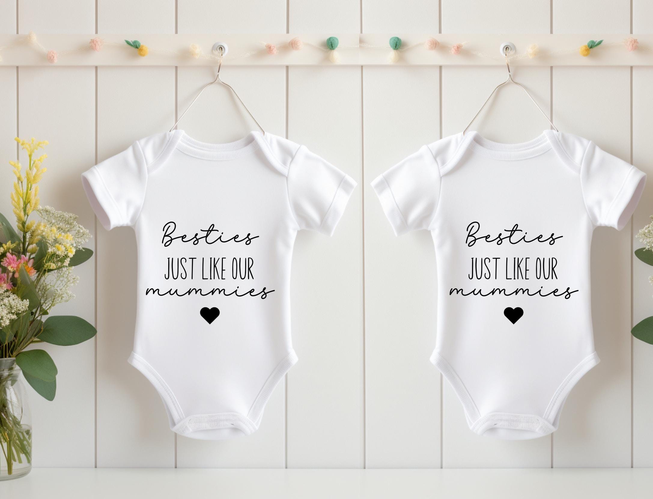 Personalised Baby Vest Grow Suit Pair | Announcement Coming Soon Name Due Date | Pregnancy Gift Reveal Besties Like Our Mums Mummies 2 Pack