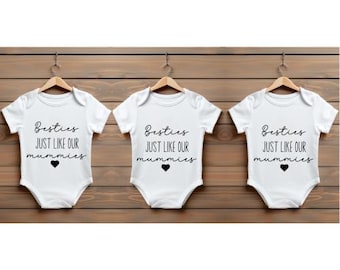 Personalised Baby Vest Grow Suit Set | Announcement Coming Soon Name Due Date | Pregnancy Gift Reveal Besties Like Our Mums Mummies 3 Pack