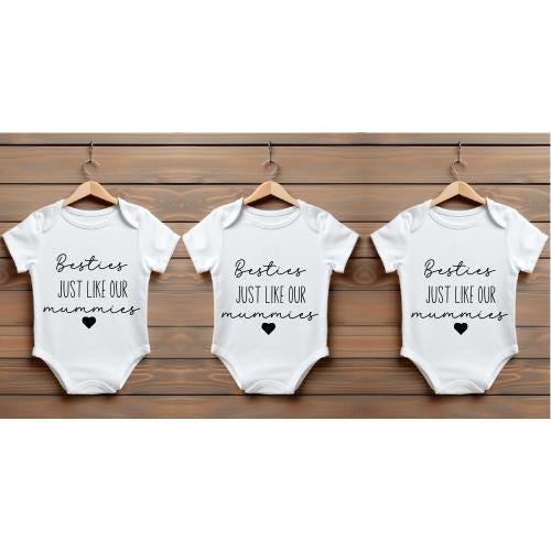 Personalised Baby Vest Grow Suit Set | Announcement Coming Soon Name Due Date | Pregnancy Gift Reveal Besties Like Our Mums Mummies 3 Pack - Image 1