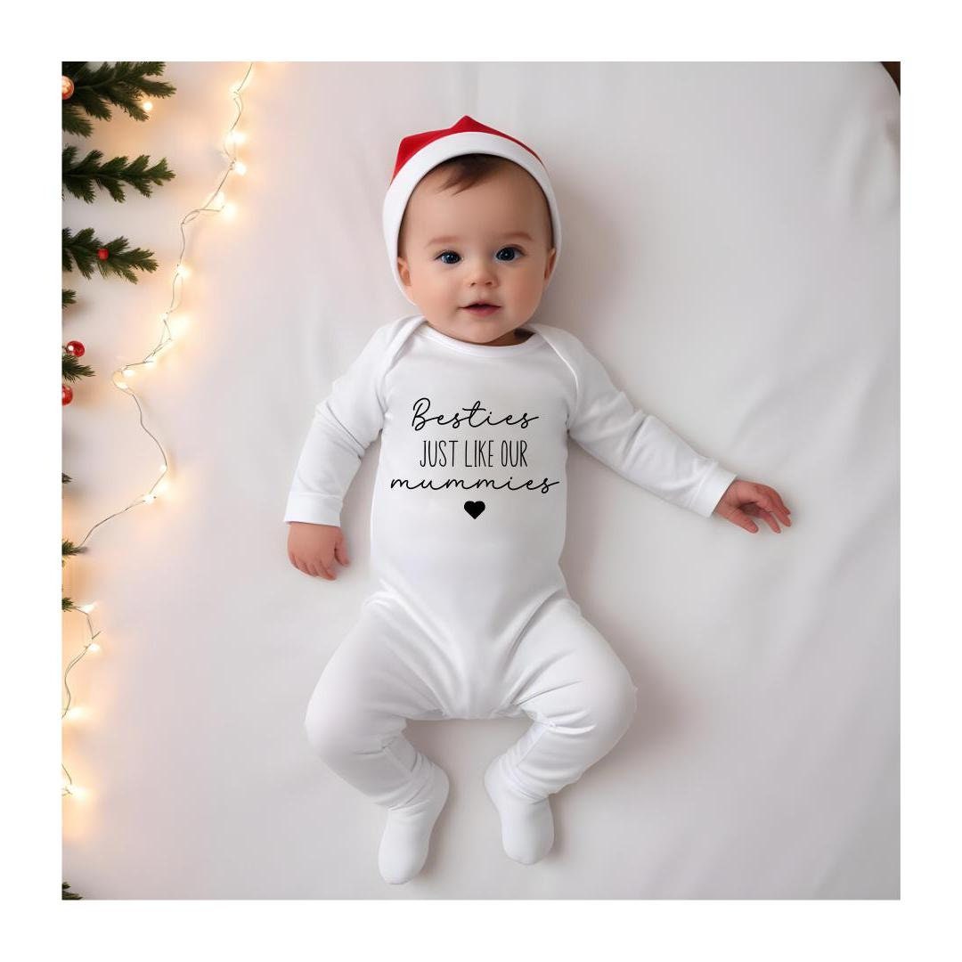 Personalised Baby Vest Grow Suit Pair | Announcement Coming Soon Name Due Date | Pregnancy Gift Reveal Besties Like Our Mums Mummies 2 Pack - Image 1