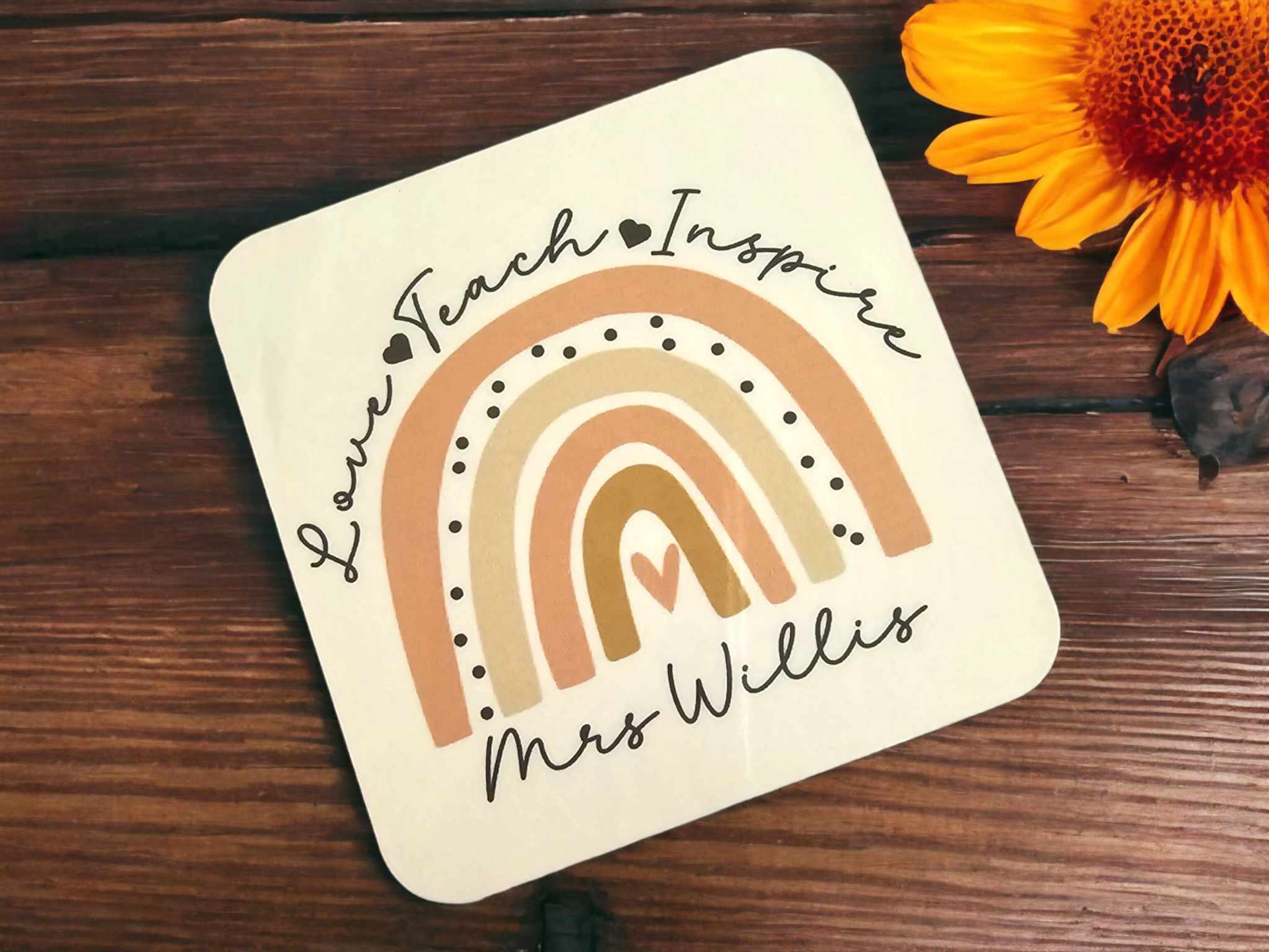 Personalised Teacher Gift TA Teaching Assistant Drinks Coaster | Cute Rainbow Design | Name Gift Ideas | Thank You | Appreciation Christmas