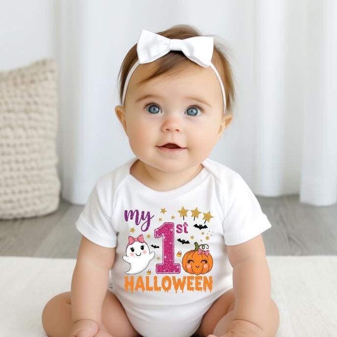My 1st Halloween Vest | Cartoon Photo | Babygrow | Bodysuit | New Baby Boy Girl Gift | Baby First | Sleepsuit Ghost Print Childs Tshirt - Thumbnail 2