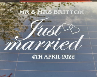 Personalised just married car decal sticker. Customised for the newly weds. Removable vinyl for wedding car.