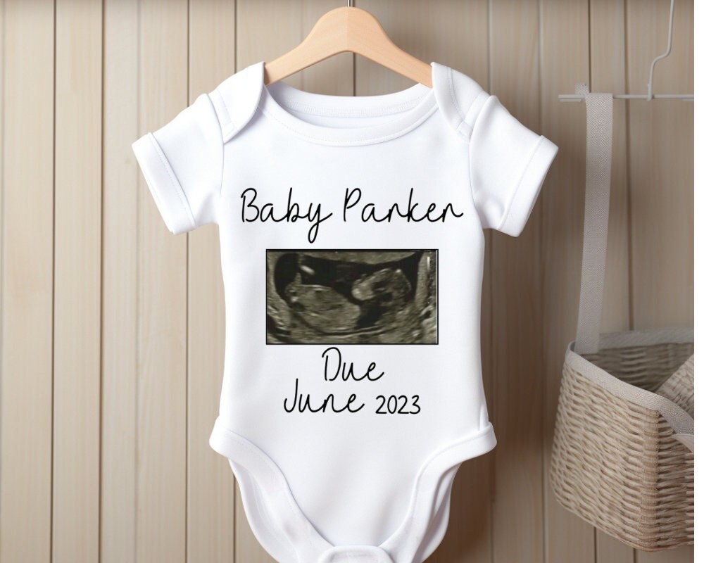 Personalised Baby Vest Grow Suit | Announcement Coming Soon Name Due Date Scan Photo | Pregnancy Gift Reveal