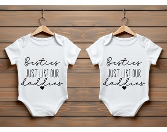 Personalised Baby Vest Grow Suit Pair | Announcement Coming Soon Name Due Date | Pregnancy Gift Reveal Besties Like Our Dads Daddies 2 Pack
