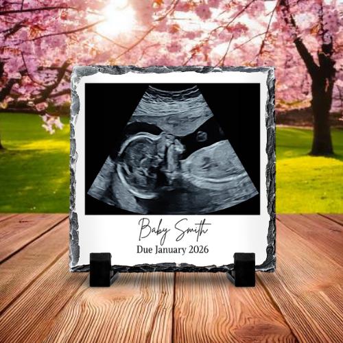 Personalised Instant Photo Style Rock Slate With Stand | Slate Photo Frame | Baby Scan Announcement | Meaningful Gift Ideas | Name Due Date - Image 1