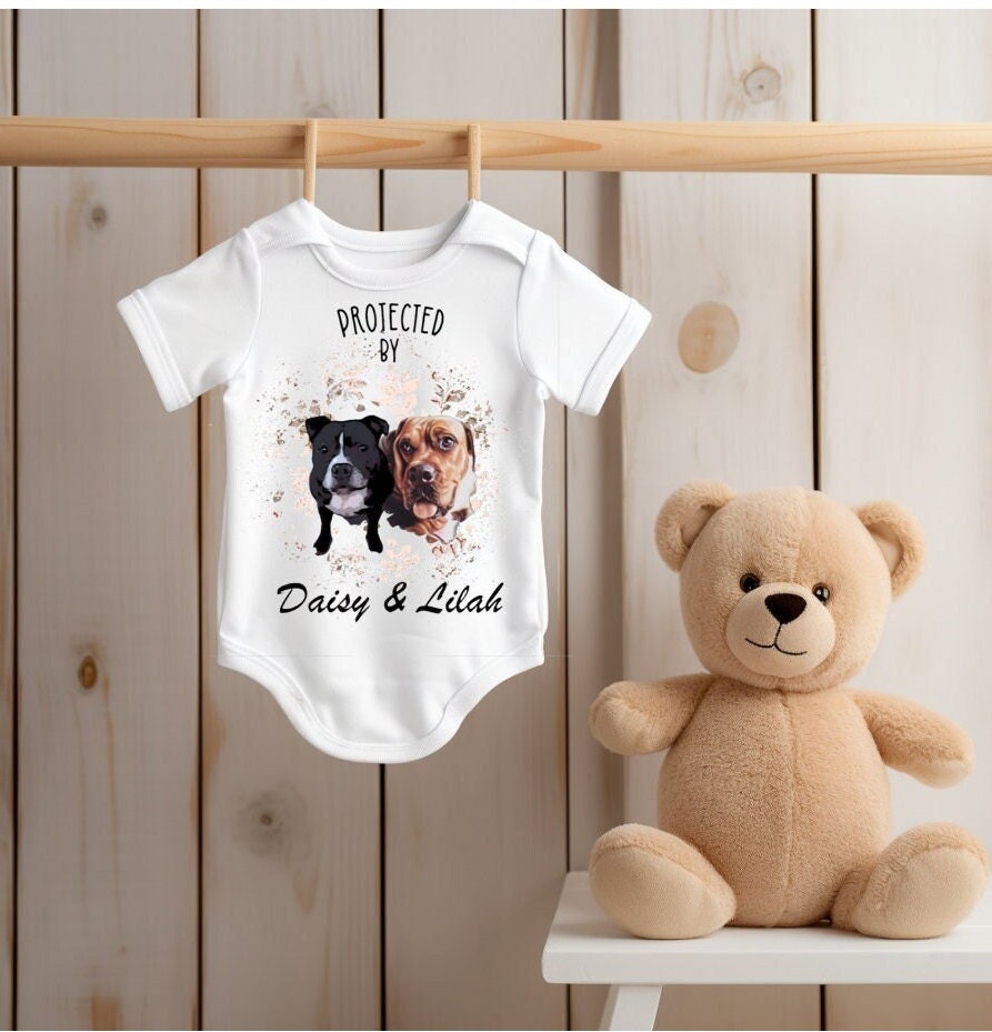 Personalised Loved and Protected By Dog Vest | Cartoon Photo | Babygrow | Bodysuit | New Baby Boy Girl Gift | Pet Owner Sibling | Sleepsuit