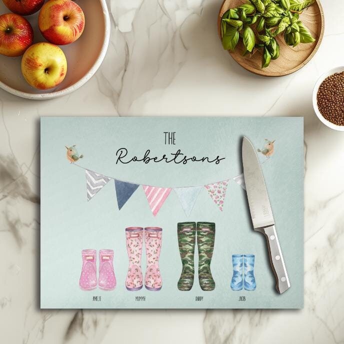 Personalised Family Chopping Board | Wellies Design | Glass Cutting Board | Gifts For Nan Mum | Christmas Idea | Mothers Day Birthday
