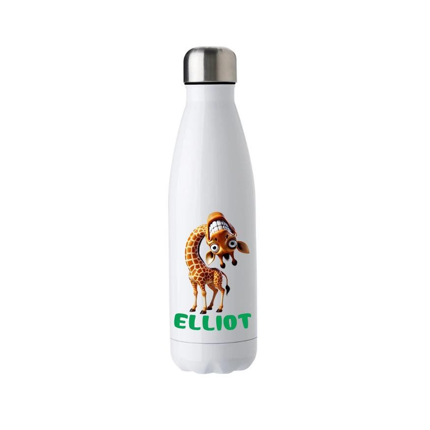 Personalised Name Funny Giraffe | Double Insulated Water Bottle | Keeps Hot & Cold 500ml | Christmas Gift Ideas | Notebook Gifts For Kids
