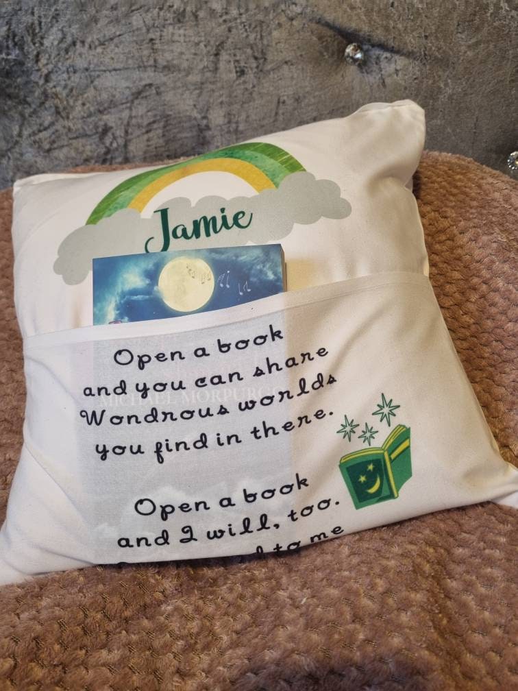 Personalised Story Book Cushion Cover With Pocket | Bedtime Story Holder | Reading Gifts For Children | Boys and Girls Gift Ideas | Bookworm - Thumbnail 2
