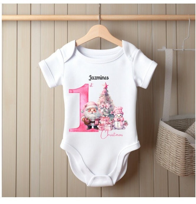 Personalised Name First Christmas | Pink Christmas Blue Christmas | Babygrow Bodysuit Vest | Baby Gift Idea | 1st Christmas Gift Keepsake