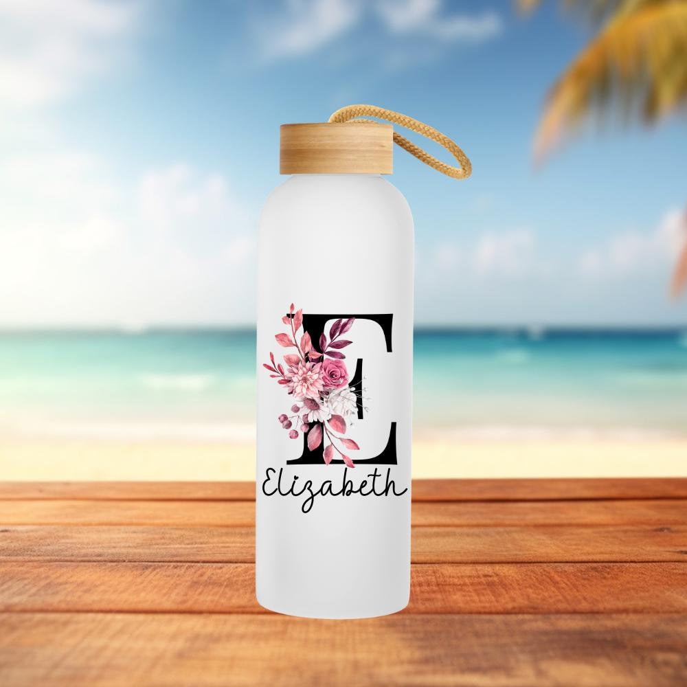 Personalised Name Glass Bottle Bamboo Lid | Floral Initial Letter | 500ml | Christmas Gift Ideas For Her | Environment Friendly Secret Santa