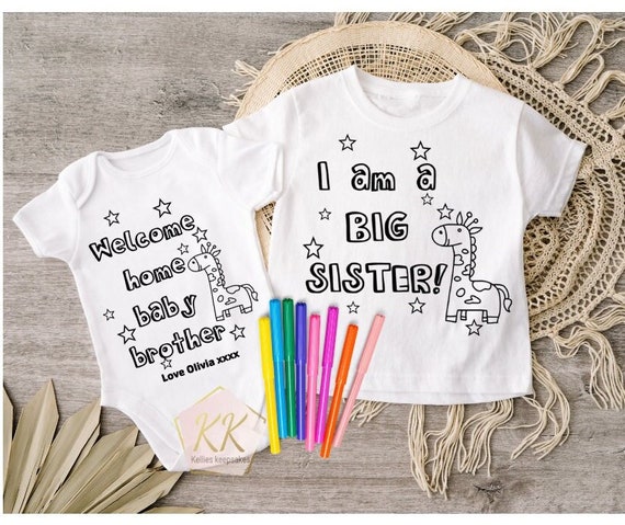 Personalised Colour In Baby Vest For Siblings. Colouring Sleepsuit Welcome Home Little Brother Sister. Babygrow Announcement Gift | Matching