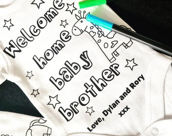 Personalised colour in baby vest for siblings. Colouring welcome home little brother sister. Baby grow or baby announcement. Gift