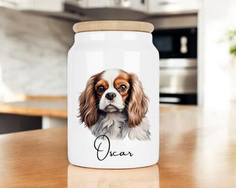 Personalised Name Dog Treat Jar | Puppy Treats With Breed Of Dog | Ceramic Pot Bamboo Lid Rubber Seal For Biscuits To Keep Fresh