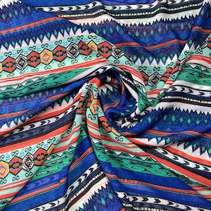 Blue Multicolor Tribal Aztec Poly Print Chiffon Sheer Fabric - By the Yard