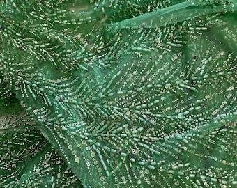 Green Beaded Sequins Mesh Sheer Fabric - By the Yard