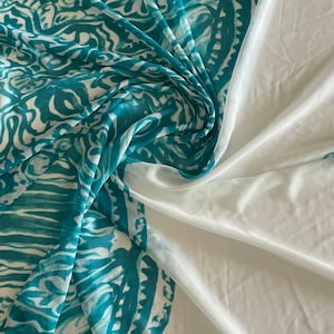 White and Teal Poly Print Chiffon Sheer Fabric Fabric - By the Yard