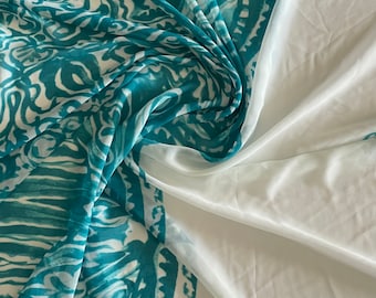 White and Teal Poly Print Chiffon Sheer Fabric Fabric - By the Yard
