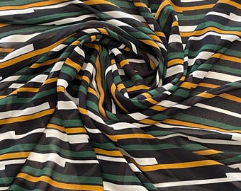 Poly Print Green Striped Multicolor Chiffon Georgette Fabric - By the Yard