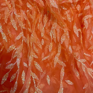 Floral Leaf Print Orange Glitter Shiny Sheer Fabric - By the Yard