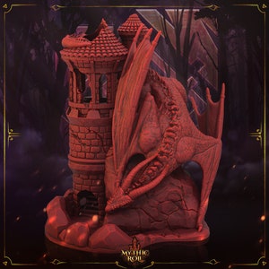 May include: A red, 3D printed miniature of a tower with a dragon wrapped around it. The tower is made of brick and has a tiled roof. The dragon is curled around the tower, with its head resting on the ground. The miniature is set against a dark background with a forest scene.