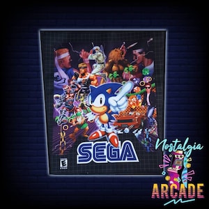 May include: A black and white poster with a collage of Sega video game characters, including Sonic the Hedgehog, against a purple and blue background. The poster features the Sega logo and the text "Nostalgia Arcade".