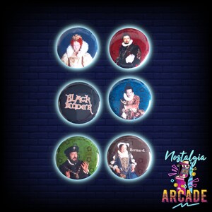 May include: Six round buttons with different images. The buttons are on a dark blue brick wall background. The buttons feature images of a woman in a crown, a man in a suit, a band logo, a man in a suit, a woman in a crown, and a man in a suit. The text "Nostalgia Arcade" is in the bottom right corner of the image.