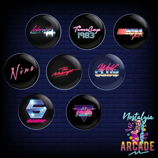 Synthwave bands badge set 80s retrowave music button pin