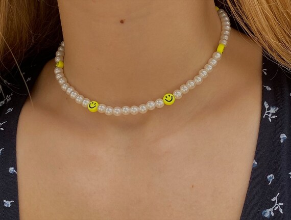 Smiley Face Pearl Necklace Beaded 
