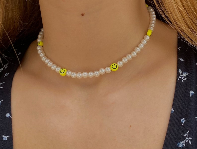 Smiley Face Pearl Necklace Beaded Smiley Face Necklace Etsy