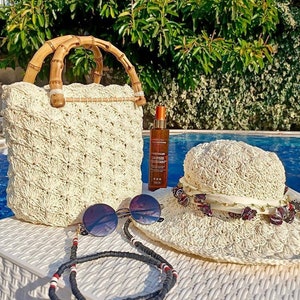 Women&#39;s Summer Hat and Bag, Crochet Bag, Crochet Hat, Paper Yarn, Crochet Handbag, Knitted Hat, Handbag, Sun Hat, Beach Bag and Beach Hat