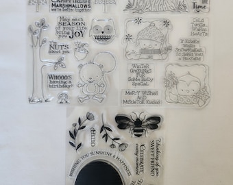 Silicone stamp set, camping/animal/beehive stamps, winter snowman card making, scrapbooking, gift tags