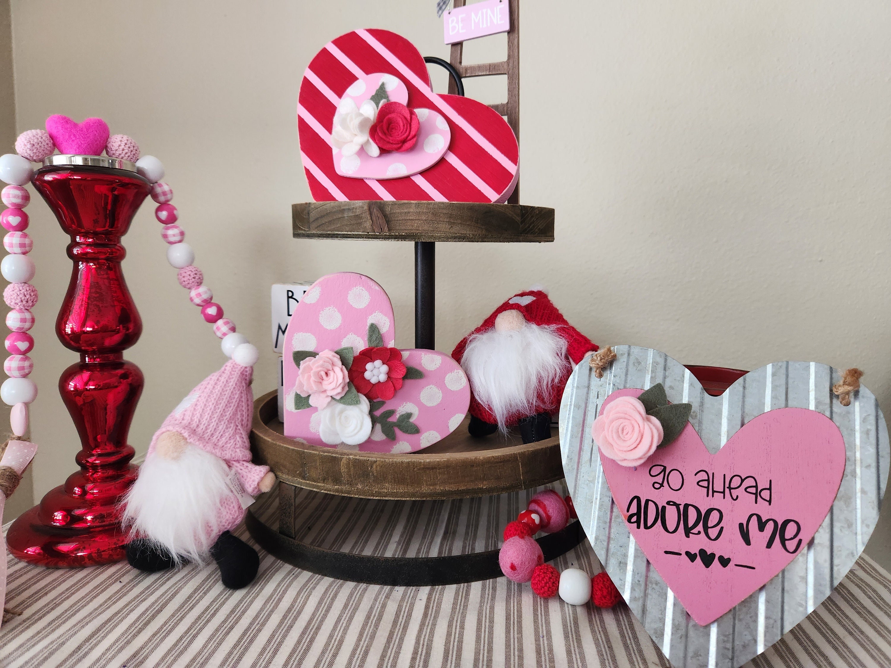 Heart with felt flowers, polka-dot, striped heart, nursery,Valentine's day decor