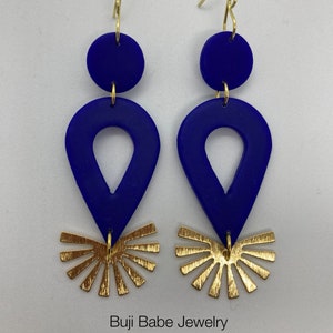 Polymer Clay Earrings, Raw Brass, Statement Earrings, Handmade Earrings, Blue, Gift for Her