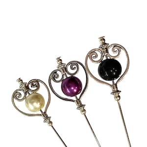 Épingle à chapeau en argent de style vintage, longue broche, accent de perles
