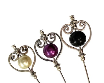 Spilla da cappello in argento in stile vintage, spilla lunga, accento di perla