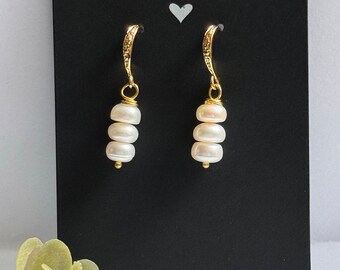 Freshwater Pearl Drop Earrings, Bridal Pearl Earrings, 18K Gold Dangle Earrings, Wedding Earrings, Bridesmaid Gift, Mother's Gift for Her