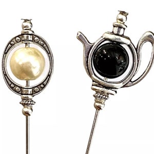 Pearl Hat Pins Black and Ivory , Vintage Style Stick Pins for Hats, Lapels Crafts Elegant Millinery Supply, Tea pot Hat pin Decorative hat
