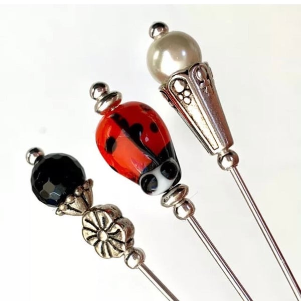 3 x Hat pins black white Red , 3” long hat pins, Vintage Antique Style, Ivory Glass Pearl & Onyx bead, Stick pins Hat Pins for women,