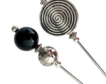 Tibetan Silver Hat Pins, Black Silver  Lapel Pins,  Brooch Pins Stick pins in a choice of length