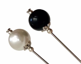 2 spille da cappello, spille da cappello in perle di vetro bianche e nere per donna, argento tibetano, stile antico vintage, spille a bastoncino, spille per hijab