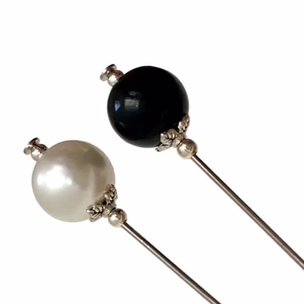 2x Hat pins, Black, White Glass Pearl Hat Pins for Women, Tibetan Silver, Vintage Antique Style, Stick pins, hijab pins